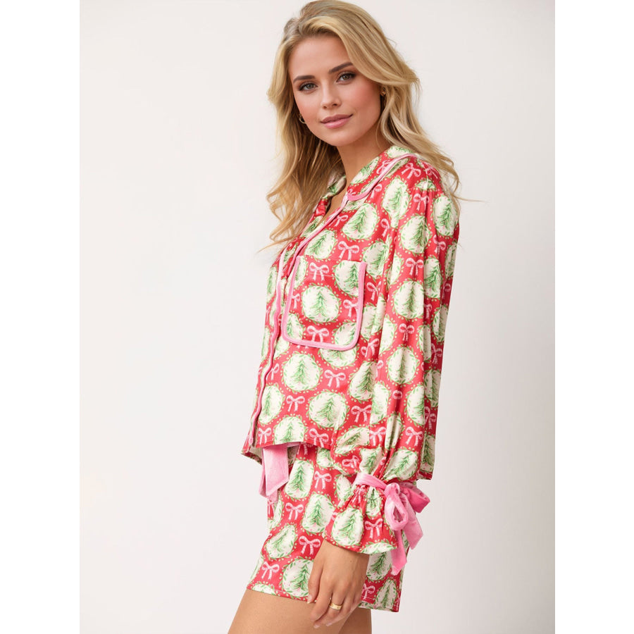 Tied Printed Collared Neck Long Sleeve Top and Shorts Set Apparel and Accessories