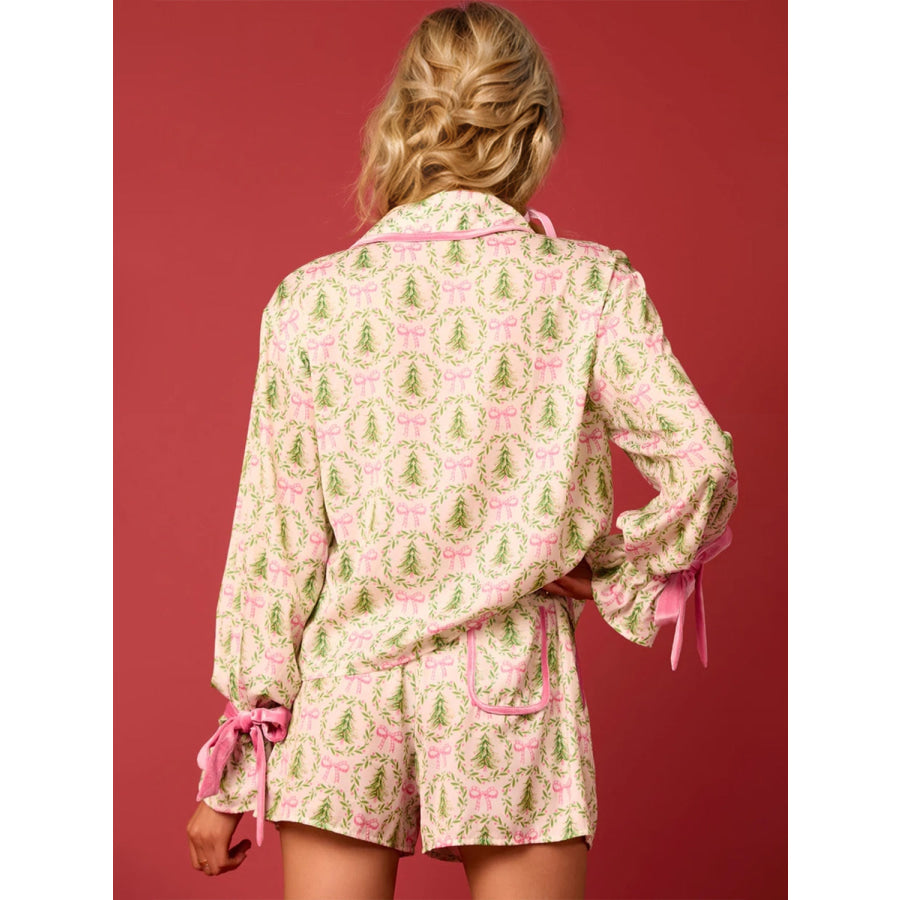 Tied Printed Collared Neck Long Sleeve Top and Shorts Set Apparel and Accessories