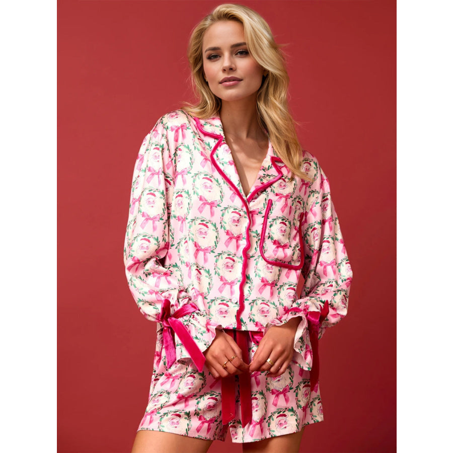 Tied Printed Collared Neck Long Sleeve Top and Shorts Set Apparel and Accessories