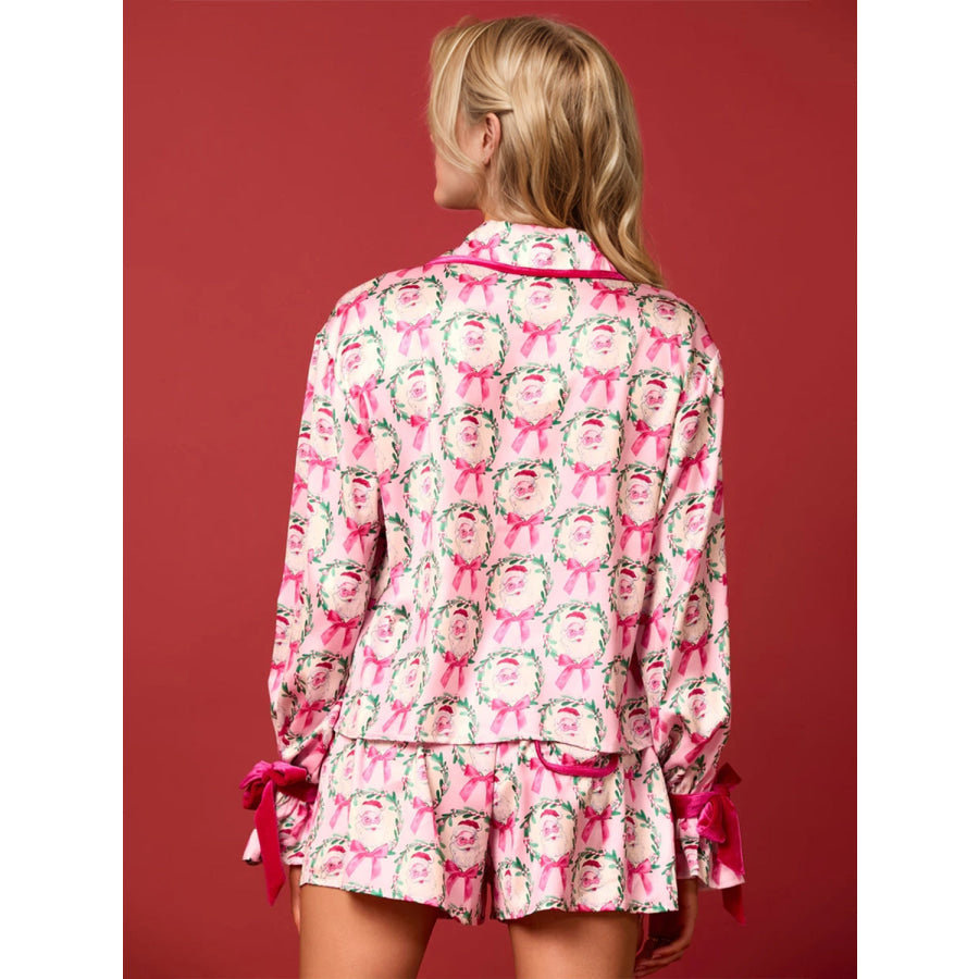 Tied Printed Collared Neck Long Sleeve Top and Shorts Set Apparel and Accessories