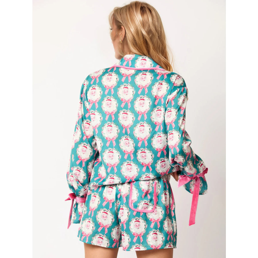 Tied Printed Collared Neck Long Sleeve Top and Shorts Set Apparel and Accessories