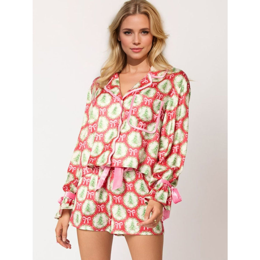 Tied Printed Collared Neck Long Sleeve Top and Shorts Set Gum Leaf / S Apparel and Accessories