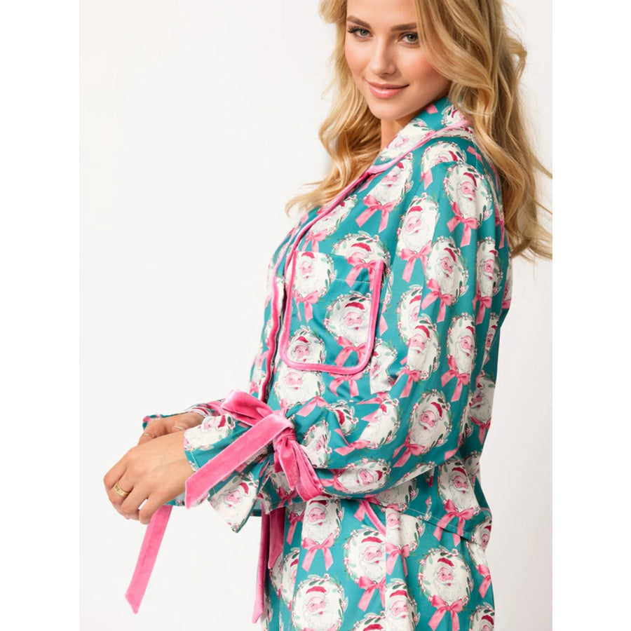 Tied Printed Collared Neck Long Sleeve Top and Shorts Set Pastel Blue / S Apparel and Accessories