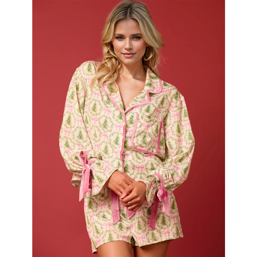 Tied Printed Collared Neck Long Sleeve Top and Shorts Set Pastel Yellow / S Apparel and Accessories