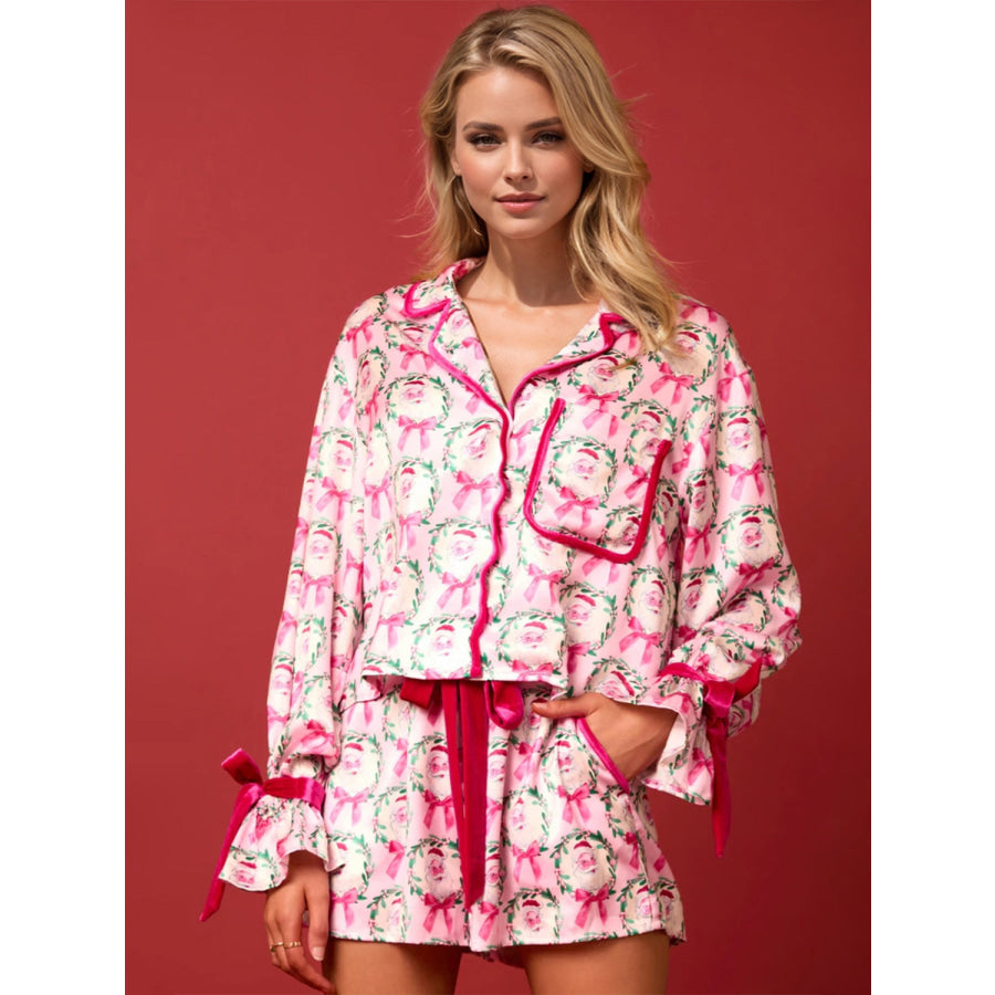 Tied Printed Collared Neck Long Sleeve Top and Shorts Set Pink / S Apparel and Accessories