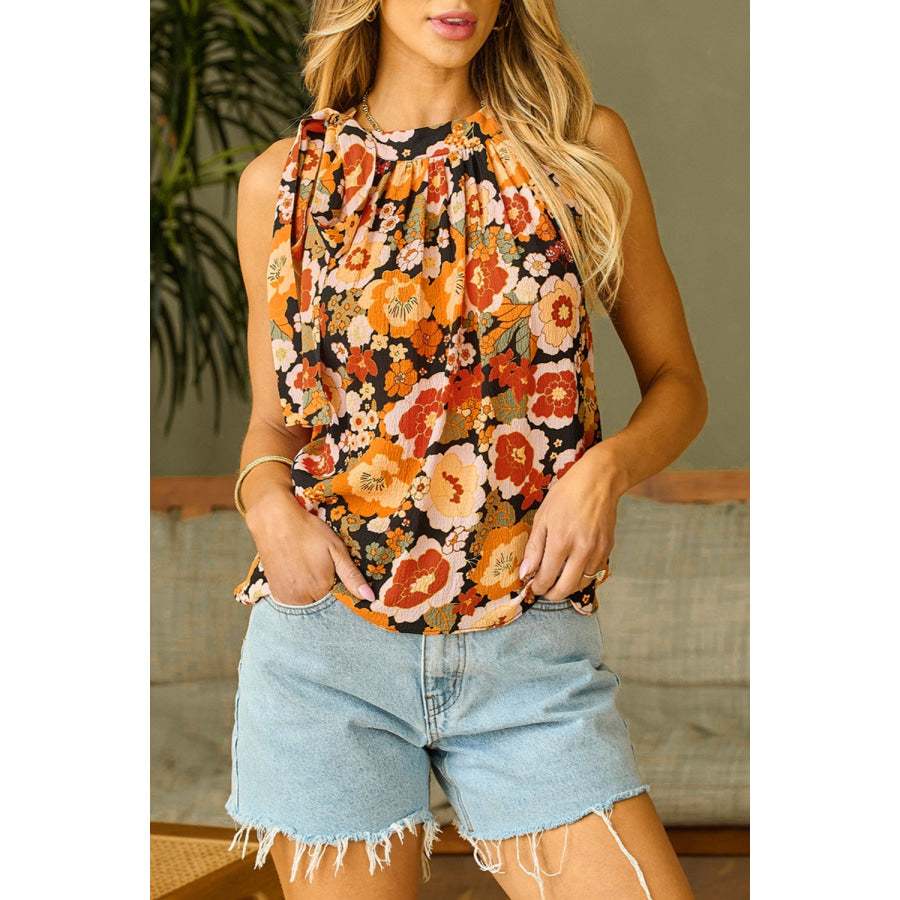 Tied Printed Grecian Neck Tank Floral / S Apparel and Accessories