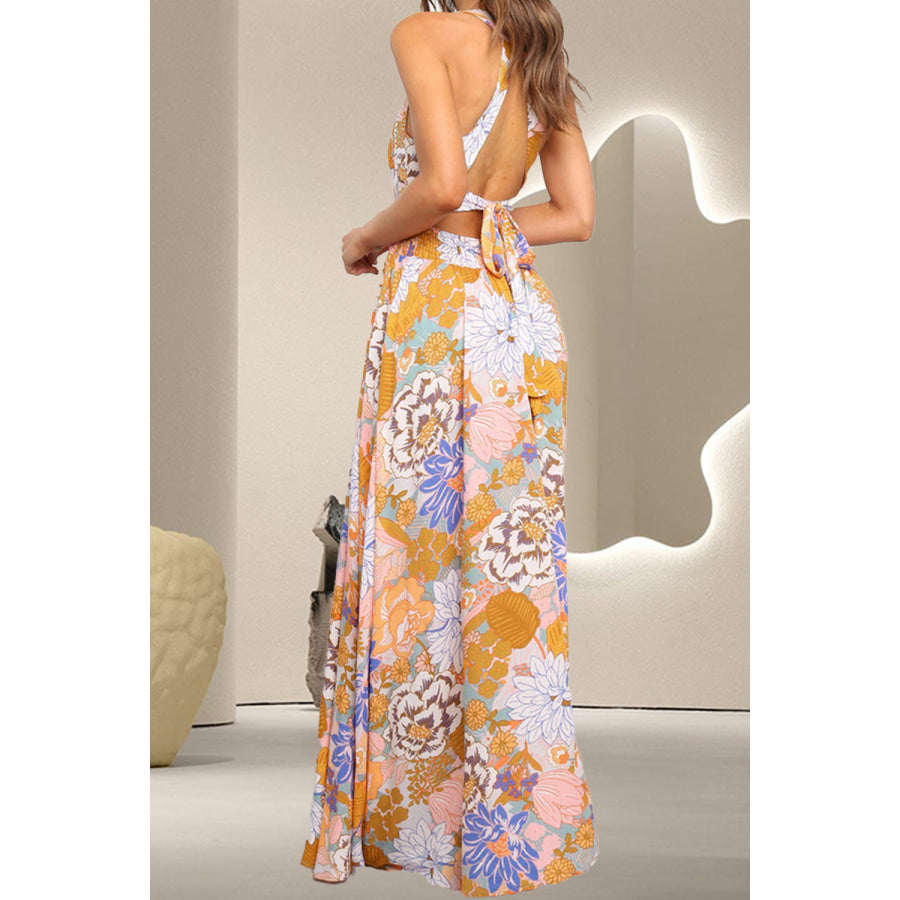 Tied Printed Grecian Sleeveless Maxi Dress Floral / S Apparel and Accessories