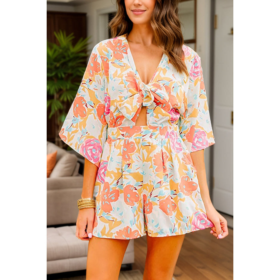 Tied Printed Half Sleeve Romper Tangerine / S Apparel and Accessories