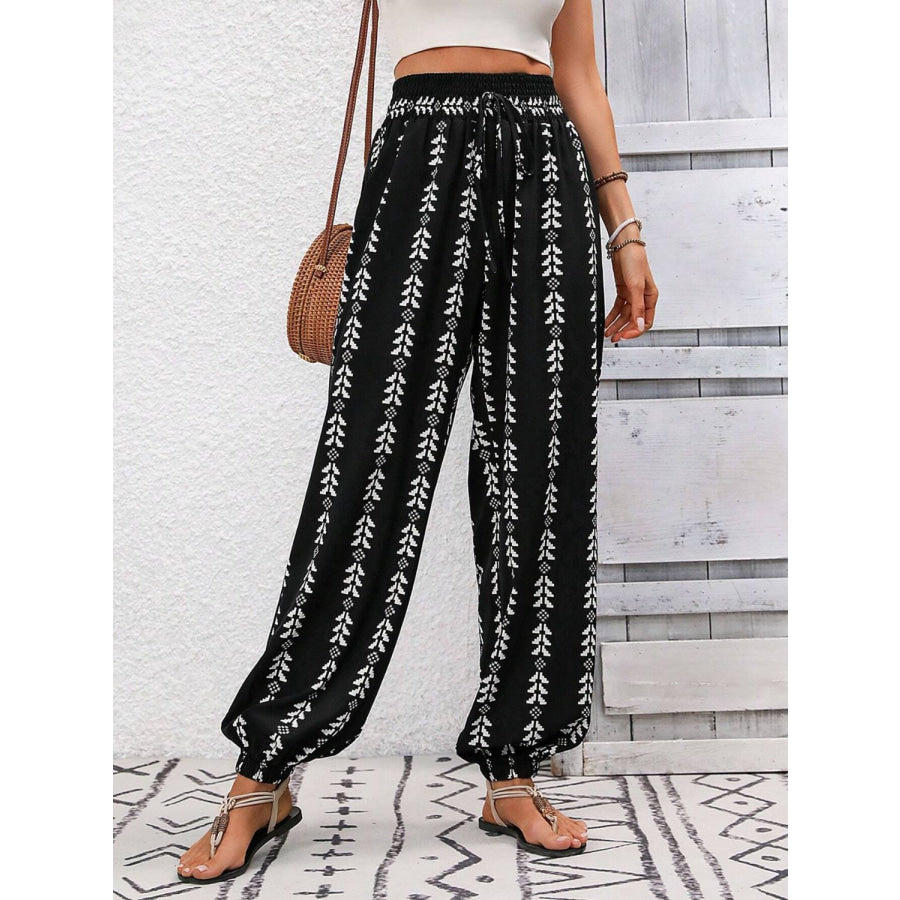 Tied Printed High Waist Pants Black / S Apparel and Accessories