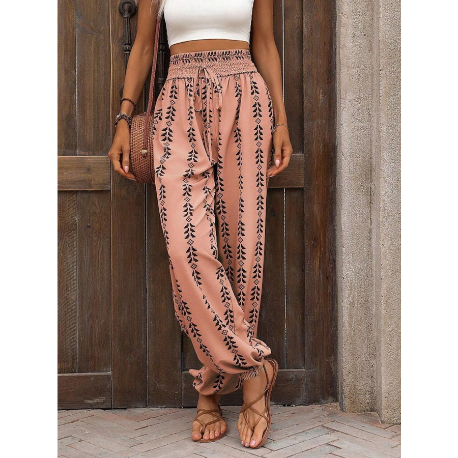 Tied Printed High Waist Pants Burnt Coral / S Apparel and Accessories