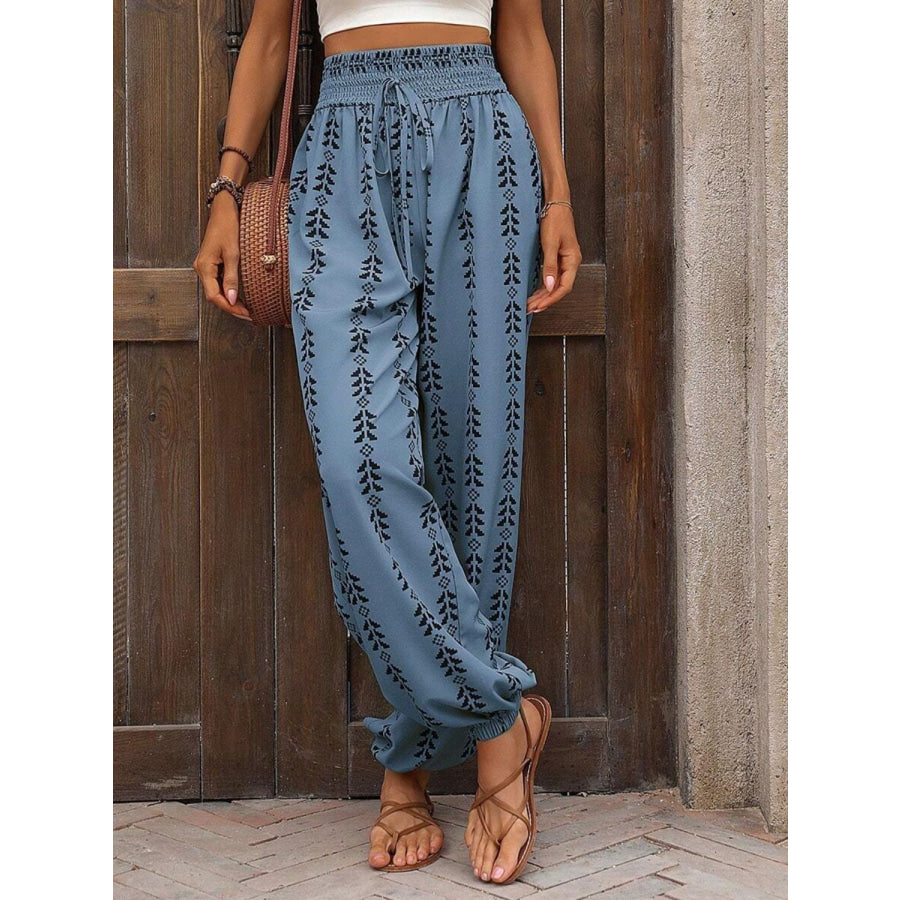 Tied Printed High Waist Pants Cerulean / S Apparel and Accessories