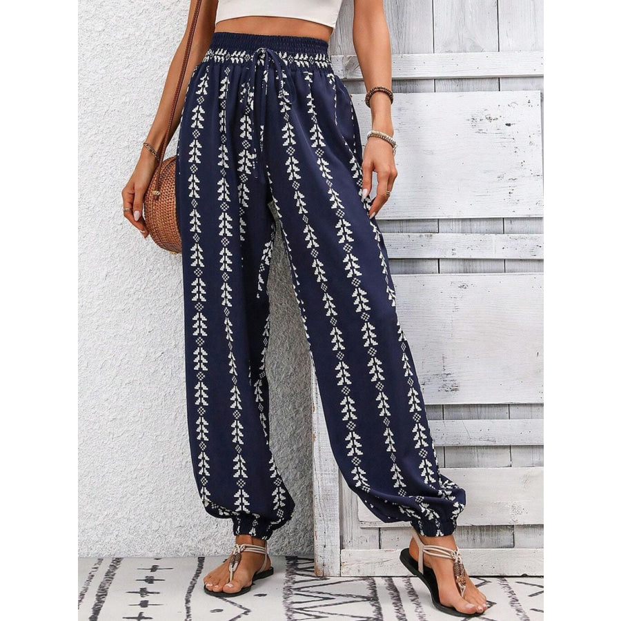 Tied Printed High Waist Pants Dark Blue / S Apparel and Accessories