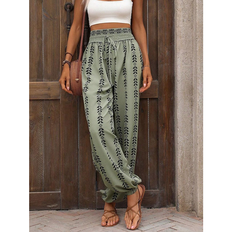 Tied Printed High Waist Pants Sage / S Apparel and Accessories