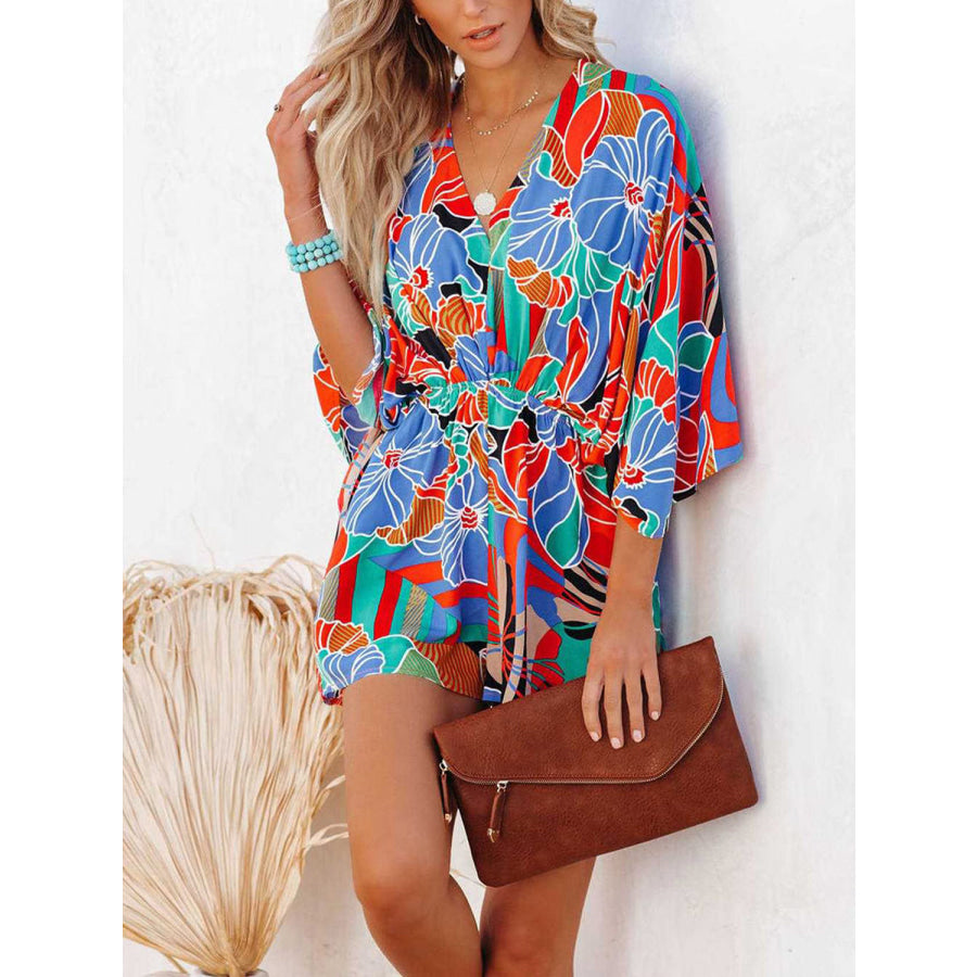 Tied Printed Kimono Sleeve Romper Multicolor / S Apparel and Accessories