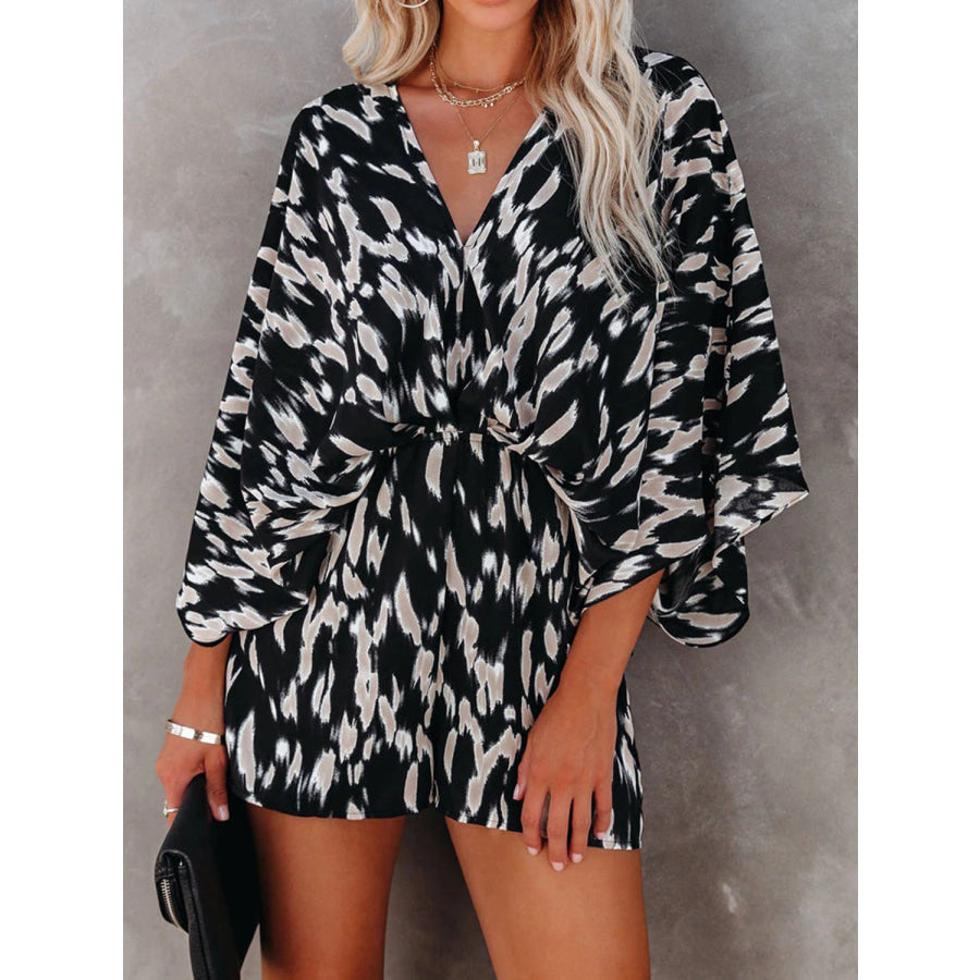 Tied Printed Kimono Sleeve Romper Black / S Apparel and Accessories