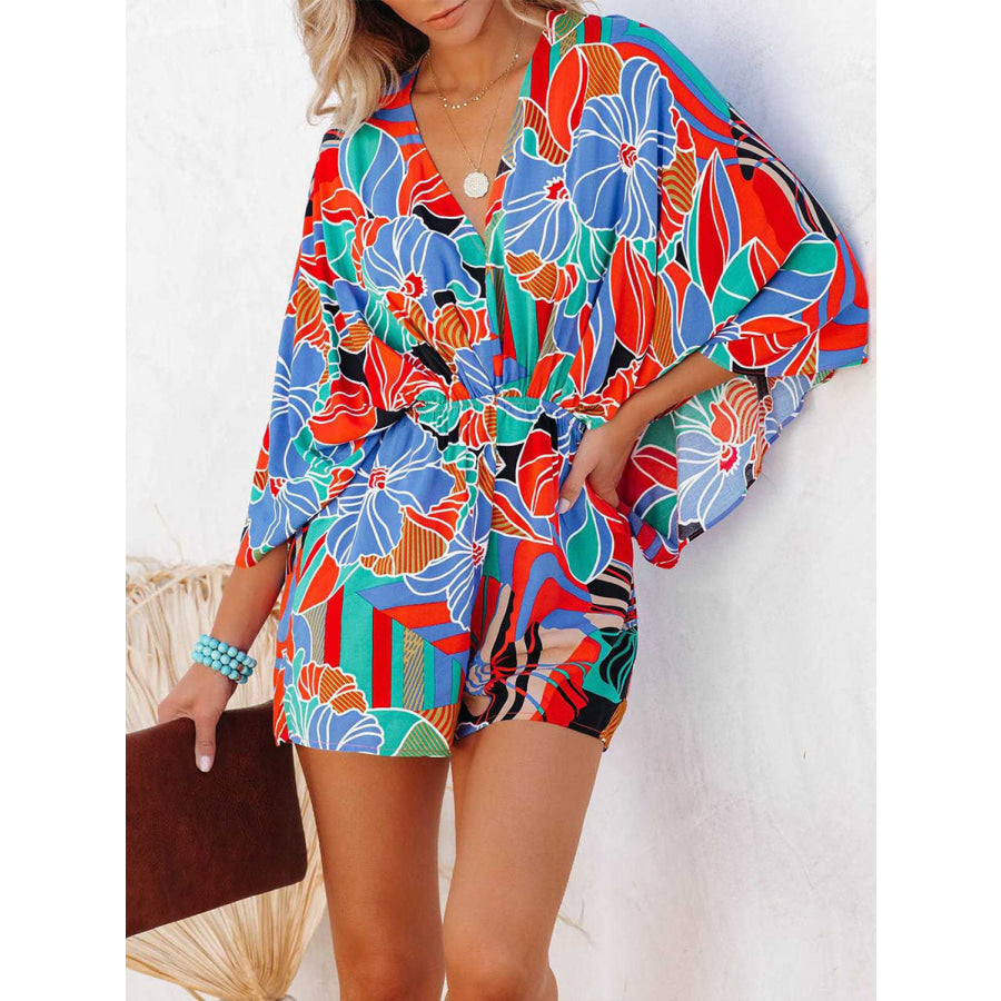 Tied Printed Kimono Sleeve Romper Multicolor / S Apparel and Accessories
