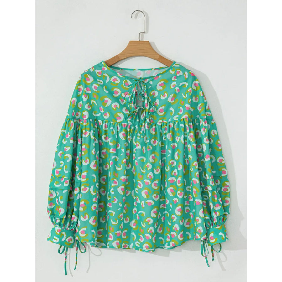 Tied Printed Long Sleeve Blouse Turquoise / S Apparel and Accessories