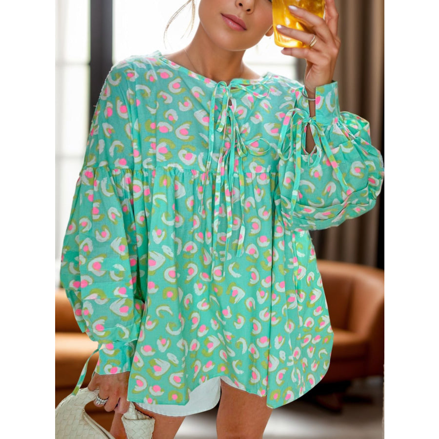 Tied Printed Long Sleeve Blouse Turquoise / S Apparel and Accessories