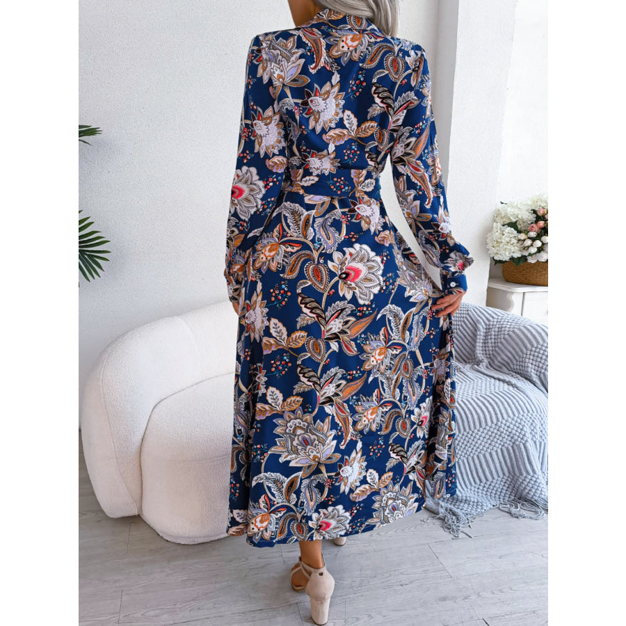 Tied Printed Long Sleeve Midi Dress Royal Blue / S Apparel and Accessories