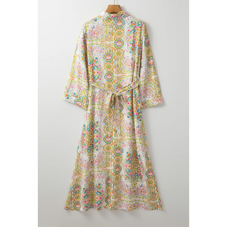 Tied Printed Long Sleeve Midi Dress Apparel and Accessories