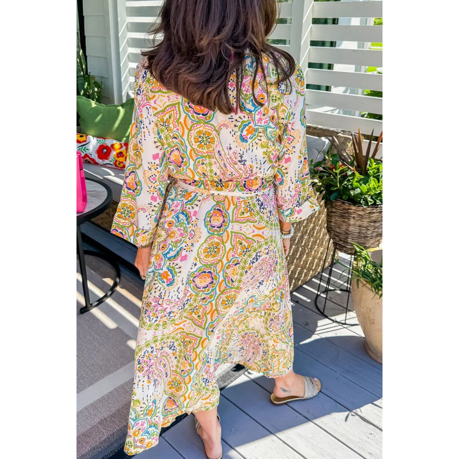 Tied Printed Long Sleeve Midi Dress Apparel and Accessories