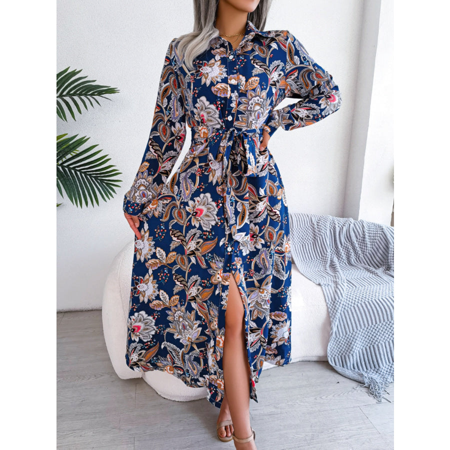 Tied Printed Long Sleeve Midi Dress Royal Blue / S Apparel and Accessories