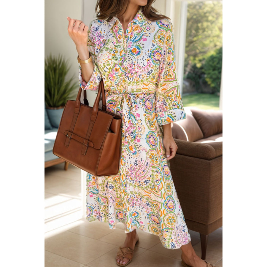 Tied Printed Long Sleeve Midi Dress White / S Apparel and Accessories