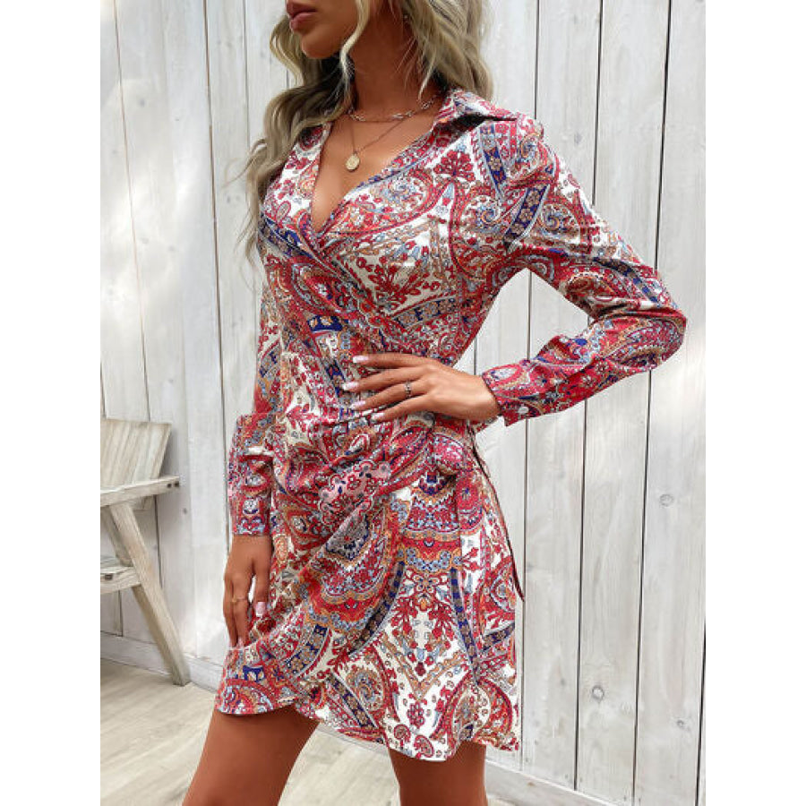 Tied Printed Long Sleeve Mini Dress Apparel and Accessories