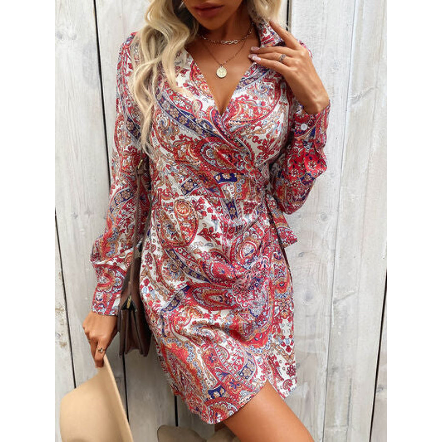 Tied Printed Long Sleeve Mini Dress Apparel and Accessories