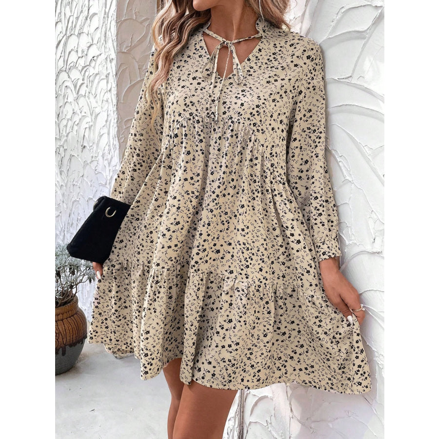 Tied Printed Long Sleeve Mini Dress Apparel and Accessories