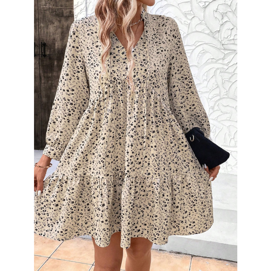 Tied Printed Long Sleeve Mini Dress Apparel and Accessories