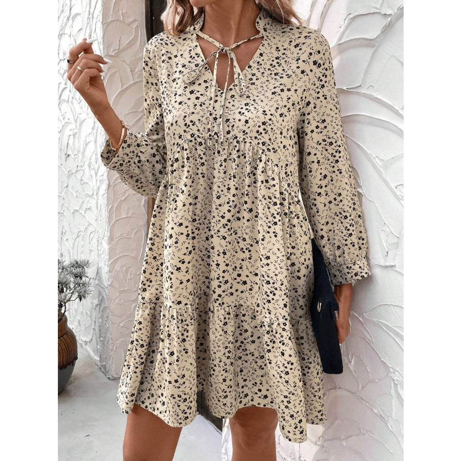 Tied Printed Long Sleeve Mini Dress Apparel and Accessories