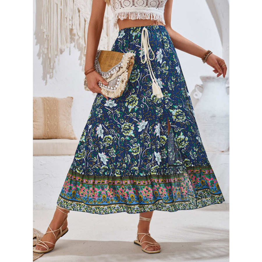 Tied Printed Midi Skirt Peacock Blue / S Apparel and Accessories