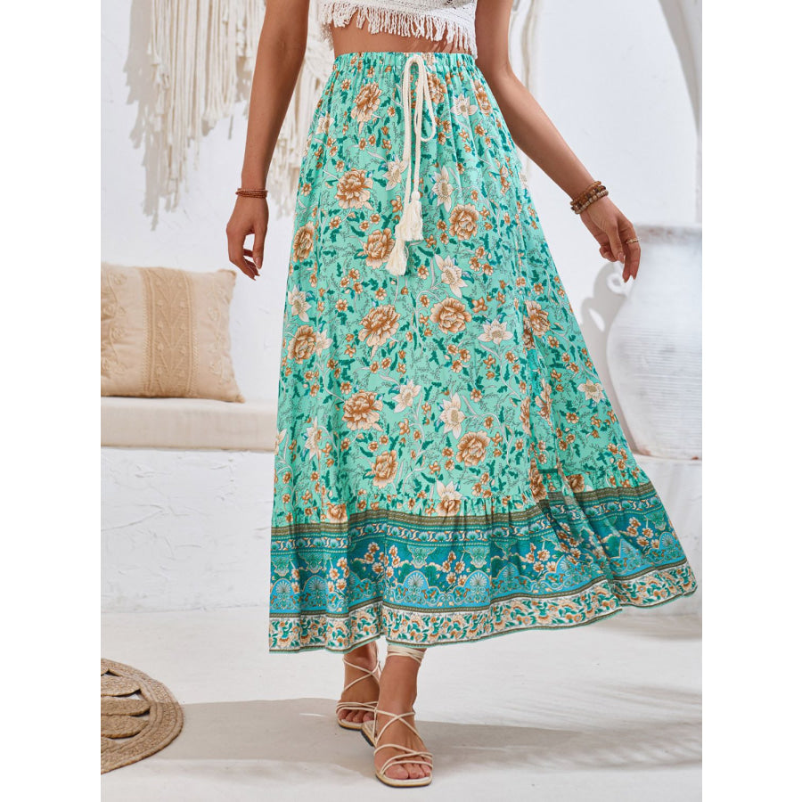 Tied Printed Midi Skirt Turquoise / S Apparel and Accessories