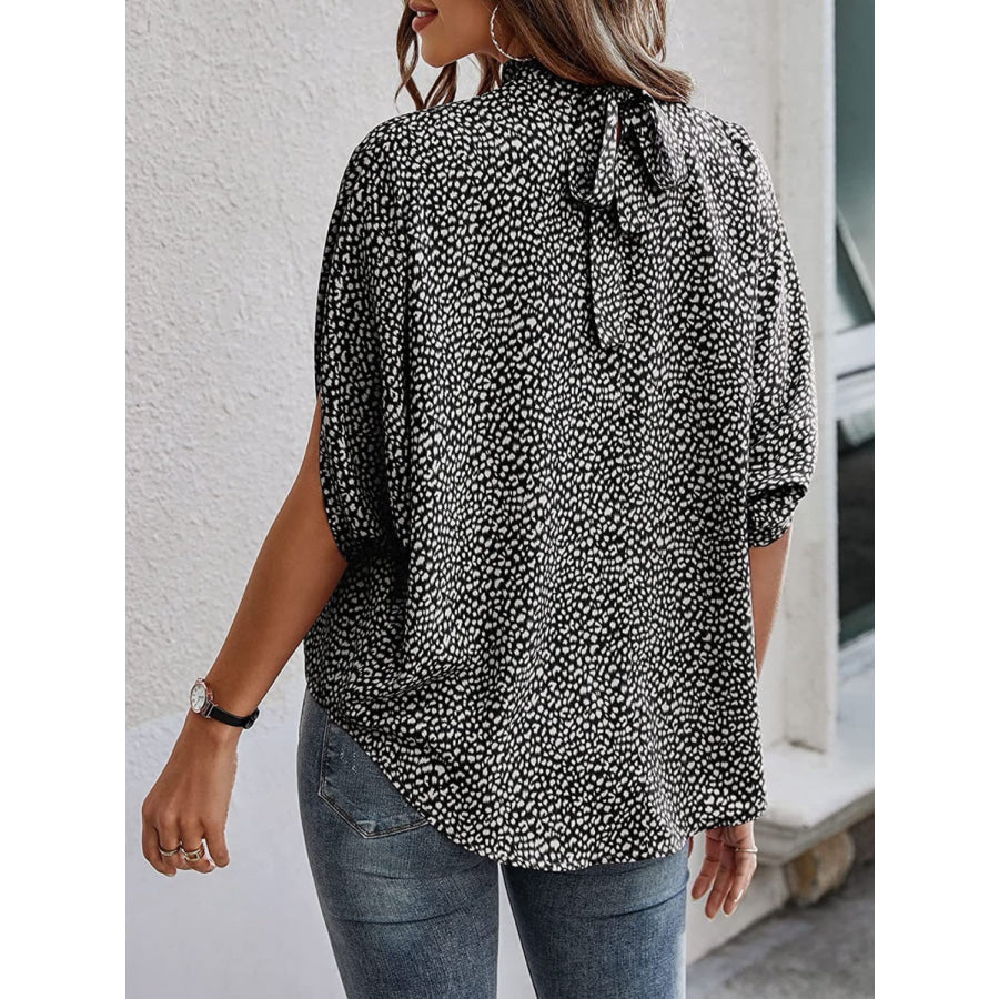 Tied Printed Mock Neck Half Sleeve Blouse Apparel and Accessories