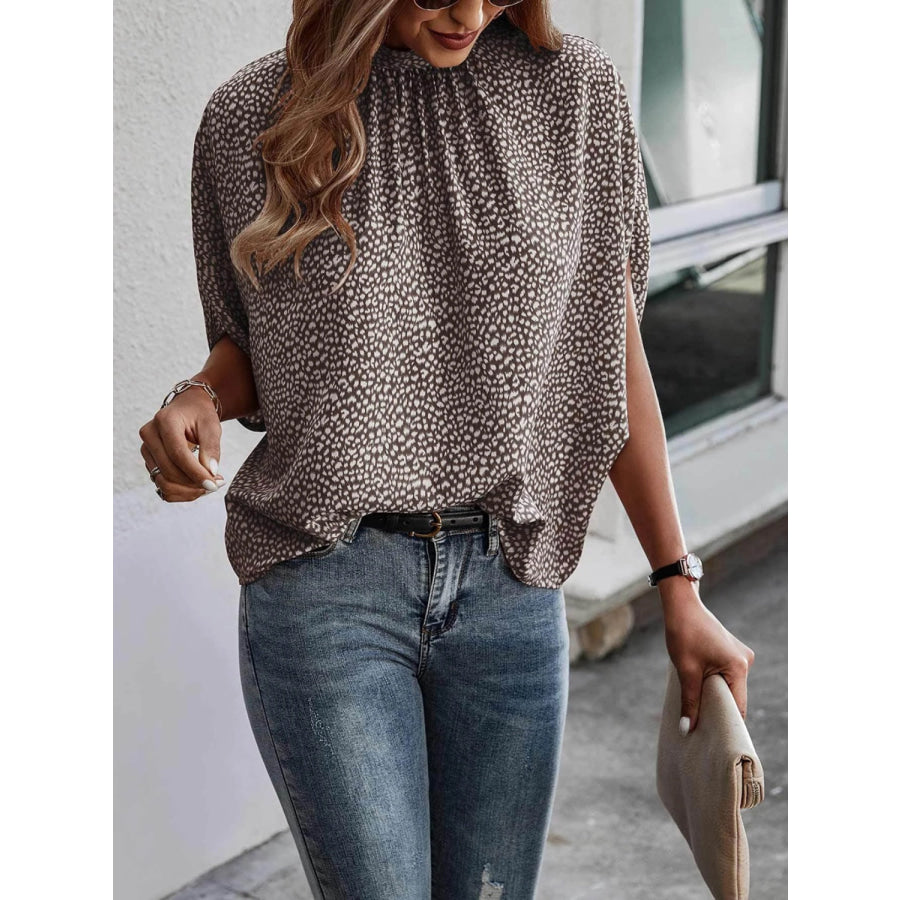 Tied Printed Mock Neck Half Sleeve Blouse Apparel and Accessories