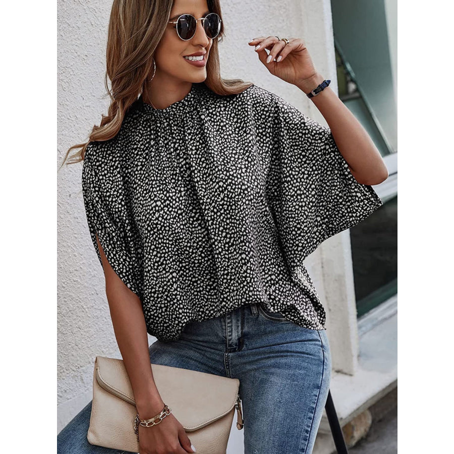 Tied Printed Mock Neck Half Sleeve Blouse Apparel and Accessories