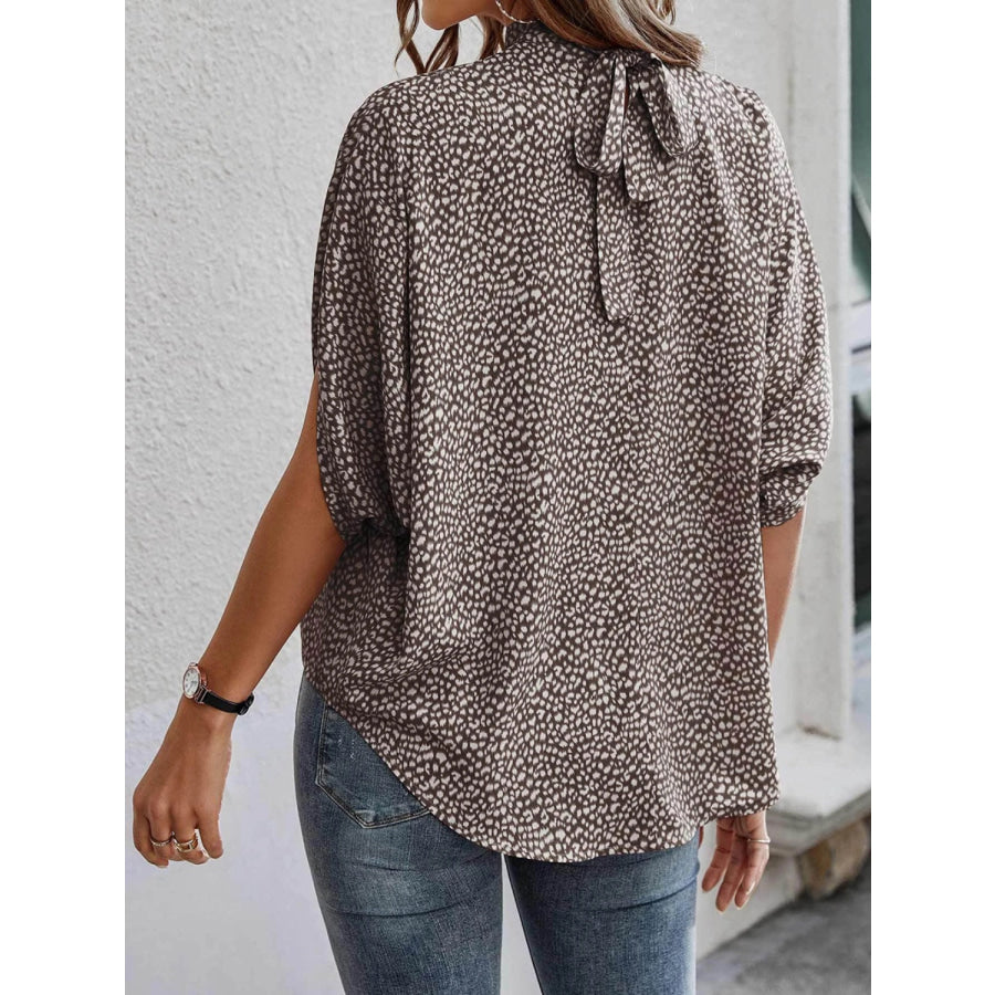 Tied Printed Mock Neck Half Sleeve Blouse Apparel and Accessories