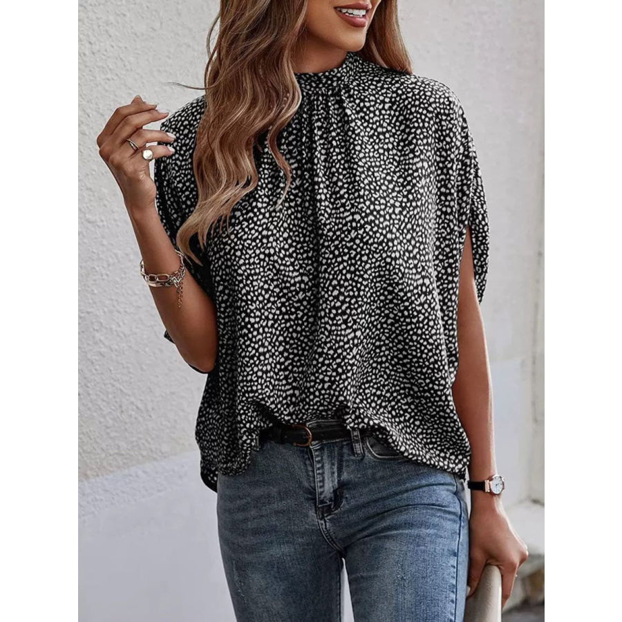 Tied Printed Mock Neck Half Sleeve Blouse Black / S Apparel and Accessories