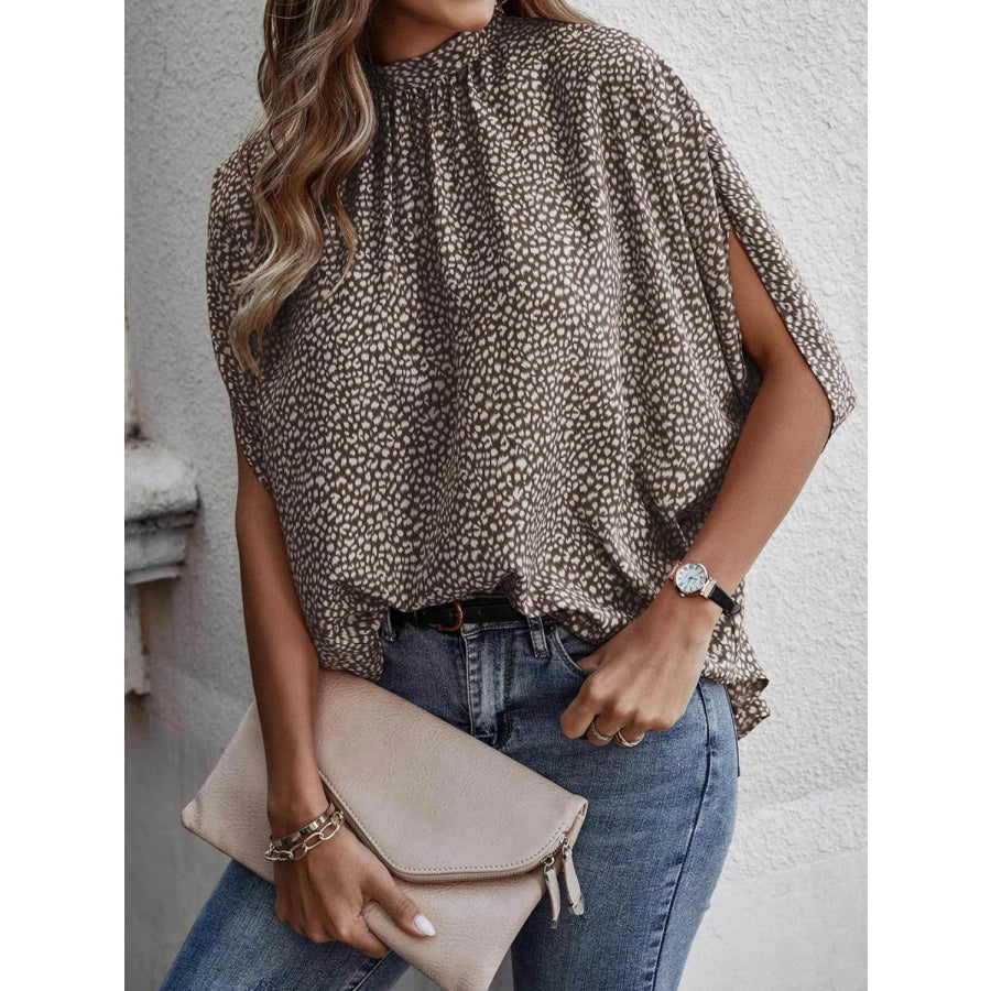 Tied Printed Mock Neck Half Sleeve Blouse Chestnut / S Apparel and Accessories