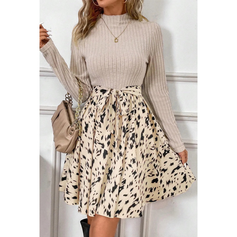 Tied Printed Mock Neck Long Sleeve Dress Apparel and Accessories