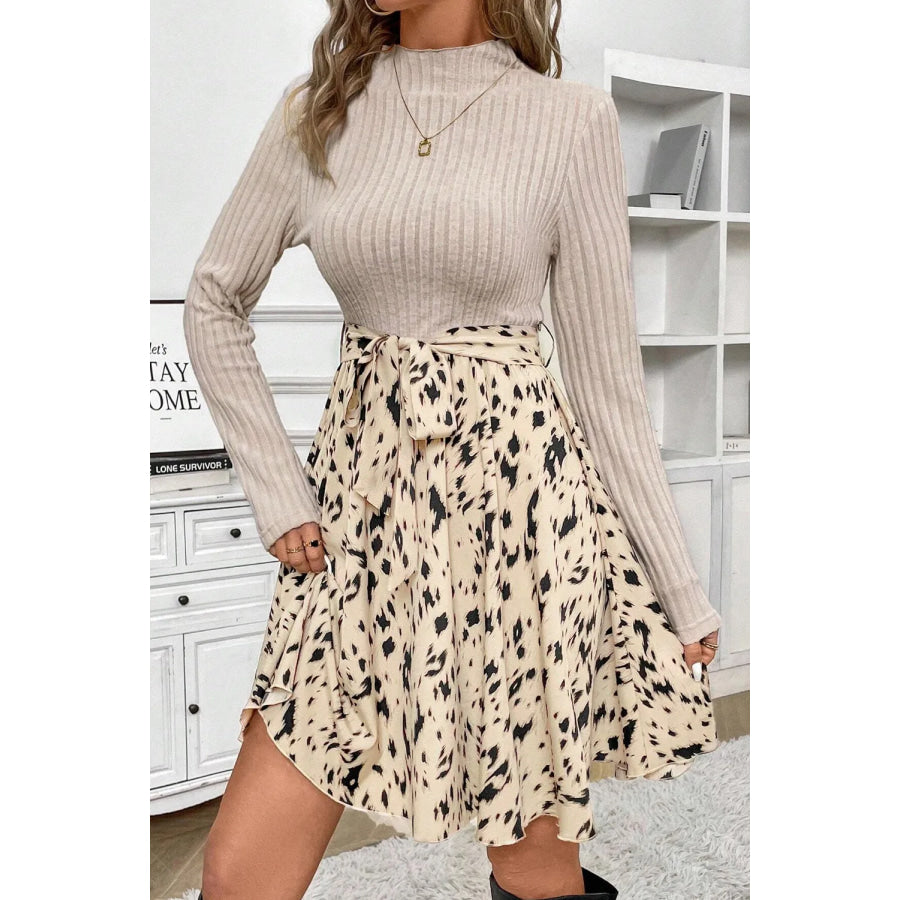 Tied Printed Mock Neck Long Sleeve Dress Dust Storm / S Apparel and Accessories