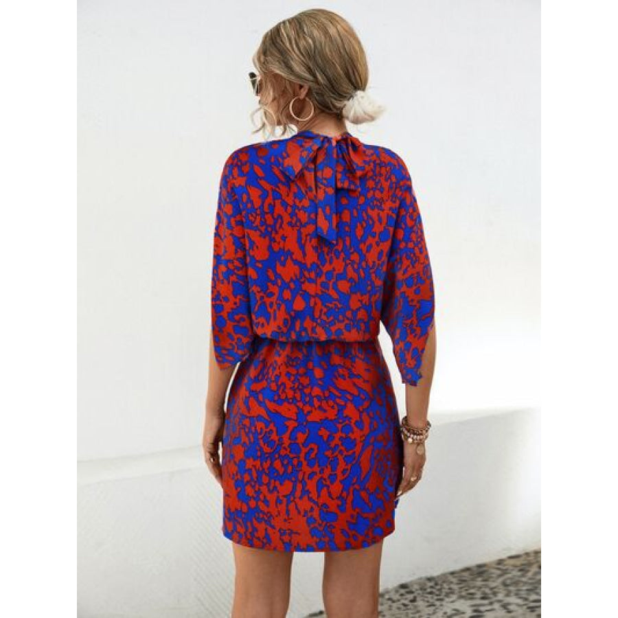 Tied Printed Mock Neck Mini Dress Apparel and Accessories