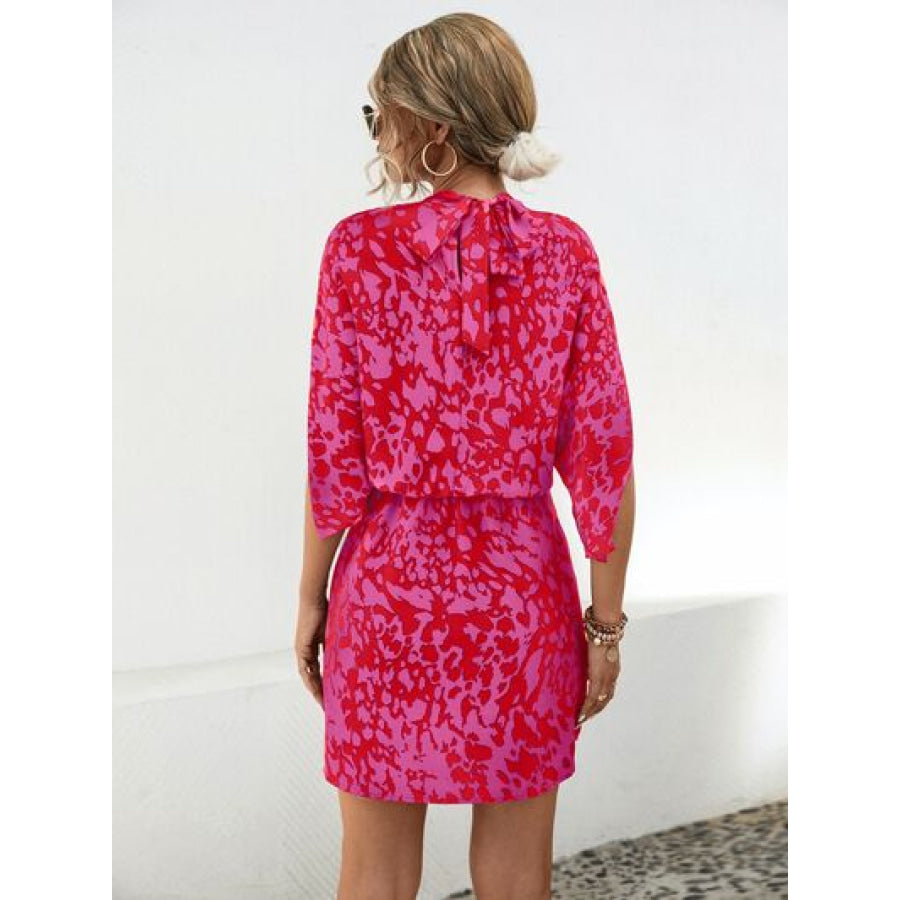 Tied Printed Mock Neck Mini Dress Apparel and Accessories