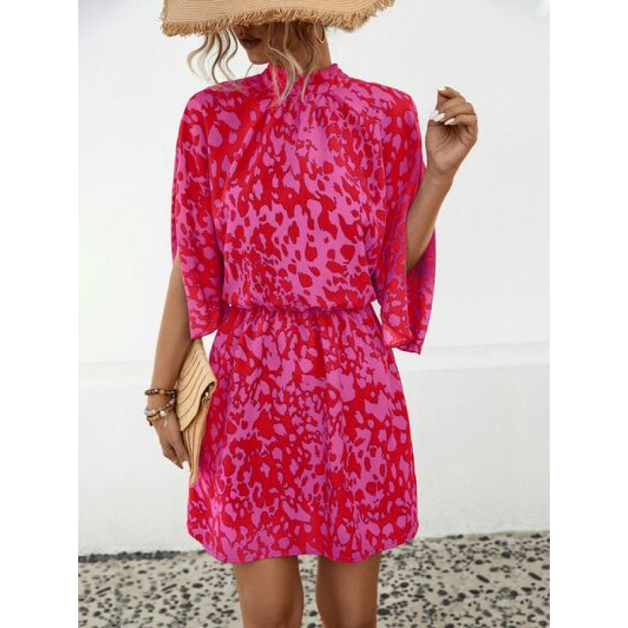 Tied Printed Mock Neck Mini Dress Deep Rose / S Apparel and Accessories