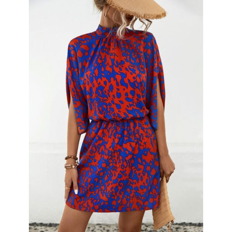 Tied Printed Mock Neck Mini Dress Royal Blue / S Apparel and Accessories