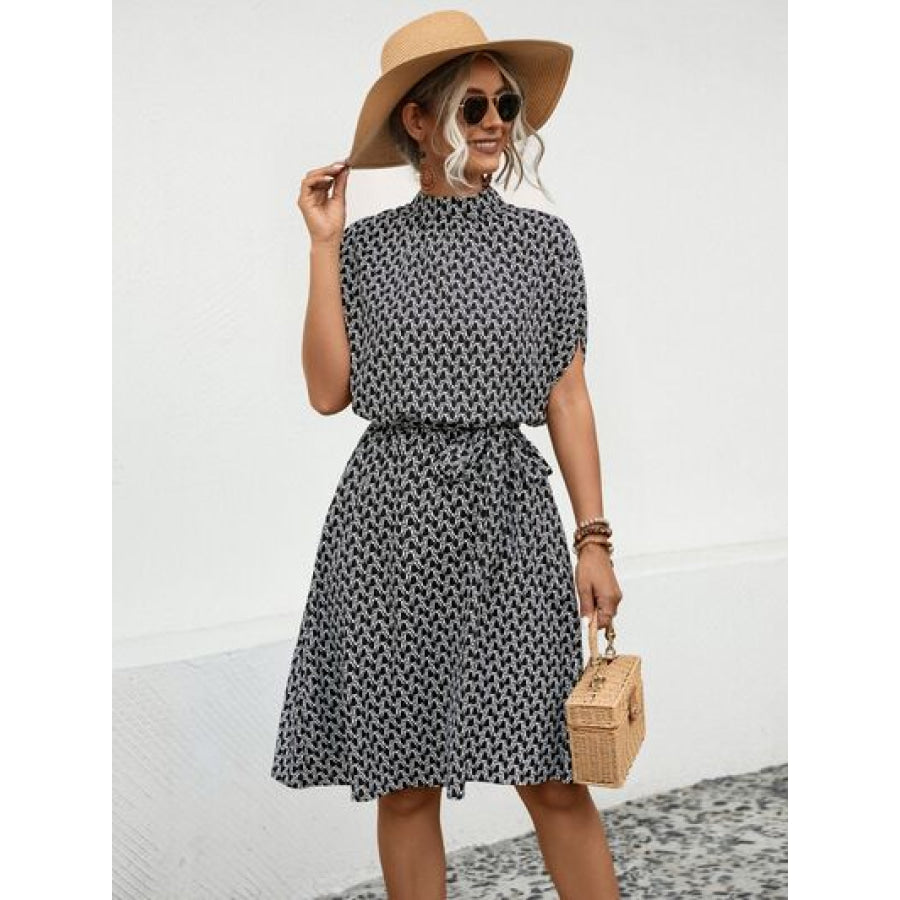 Tied Printed Mock Neck Short Sleeve Dress Apparel and Accessories