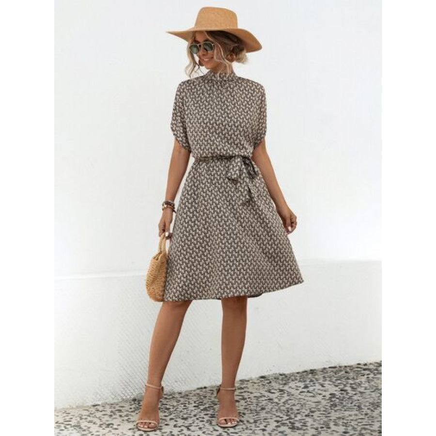 Tied Printed Mock Neck Short Sleeve Dress Apparel and Accessories