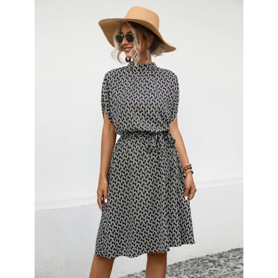 Tied Printed Mock Neck Short Sleeve Dress Apparel and Accessories