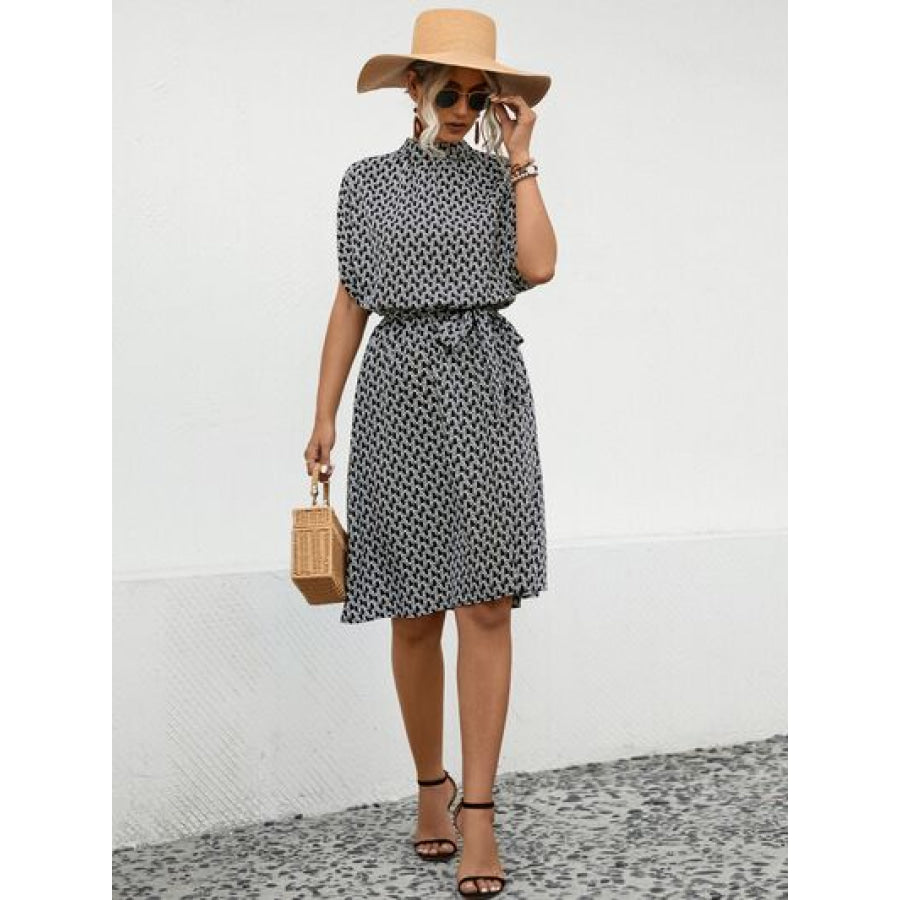 Tied Printed Mock Neck Short Sleeve Dress Apparel and Accessories